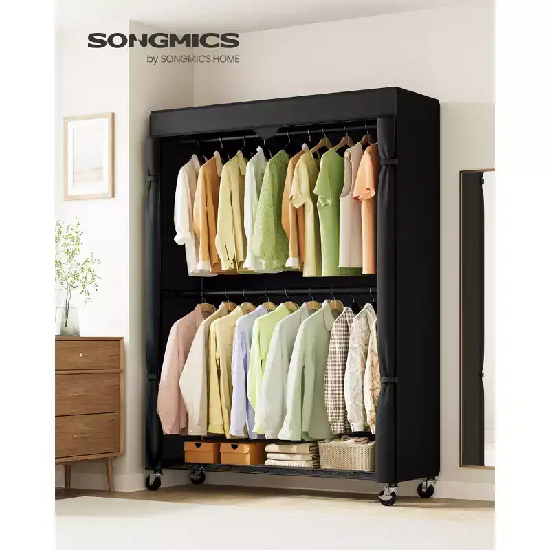 Heavy-Duty Rolling Clothes Rack Portable Closet with Wheels Adjustable Shelves Hanging Rails Fabric Cover Ink Black