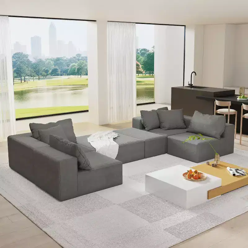 Modern Upholstered Sectional Sofa Couch Set, Modular 132 L-Shaped Sectional Living Room Sofa Set with 6 Cushions