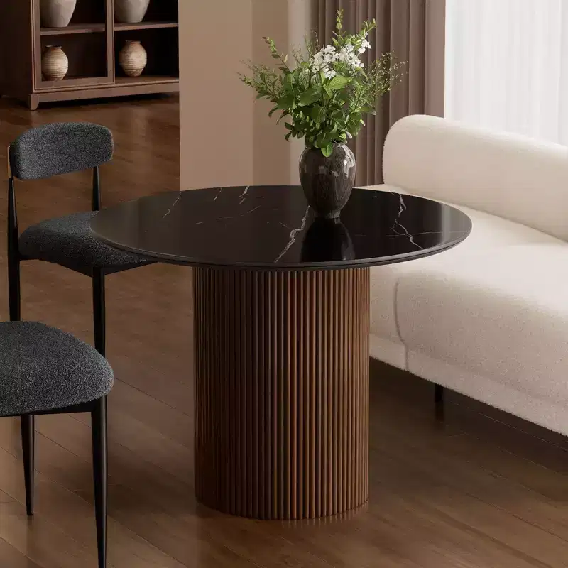 Faux Marble Dining Table - 42 Sintered Stone Top & Solid Wood Base, Modern Style Fluted Round Dining Table for Kitchen Room - Morden Fort