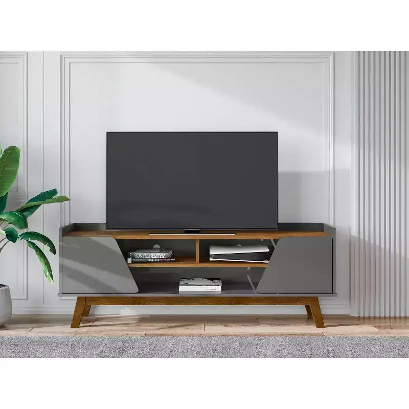 Marcus Mid-Century Modern 5 Shelf TV Stand for TVs up to 65": Solid Pine Legs, Cable Management - Manhattan Comfort