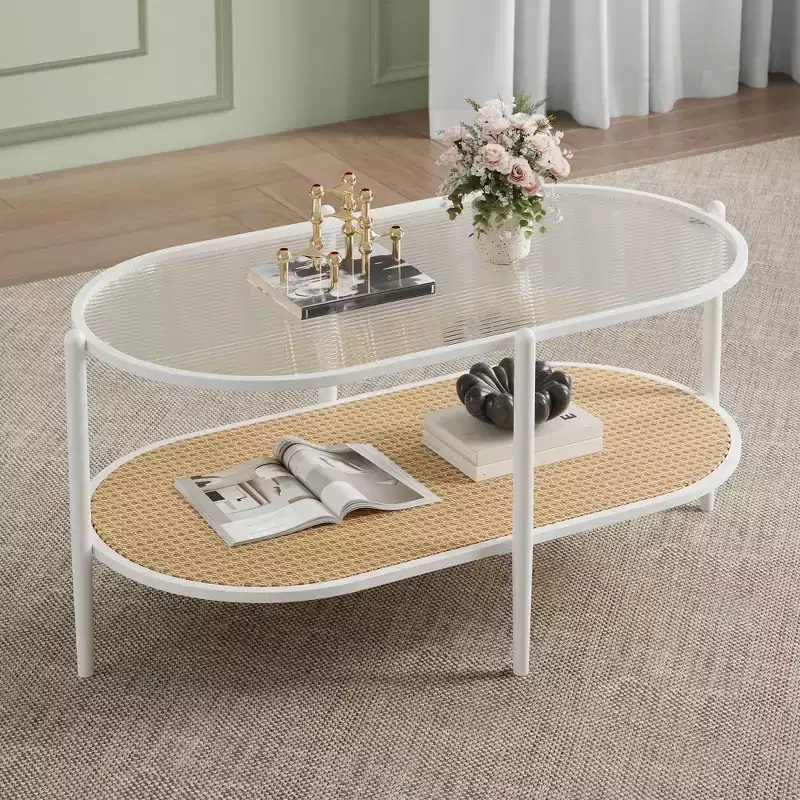 Glass Top, Boho Rattan Coffee Table 2-Tier Oval Center Table with Metal Frame & Storage Shelf, Rustic Farmhouse Living Room Accent Tea Table