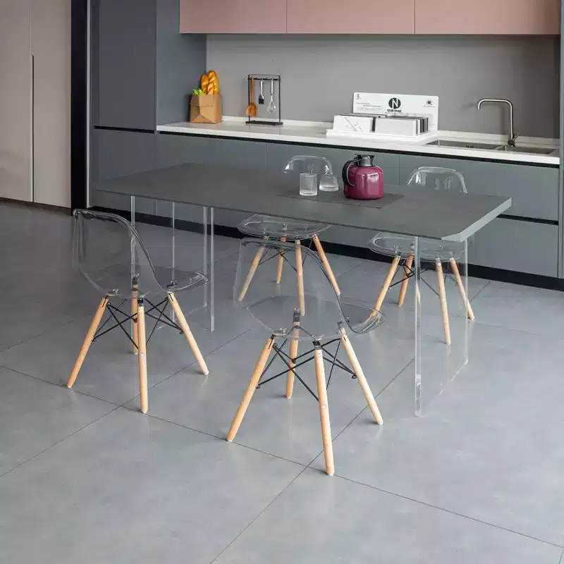 Fabulaxe Mid-Century Modern Style Dining Chair with Wooden Dowel Eiffel Legs, DSW Transparent Plastic Shell Accent Chair