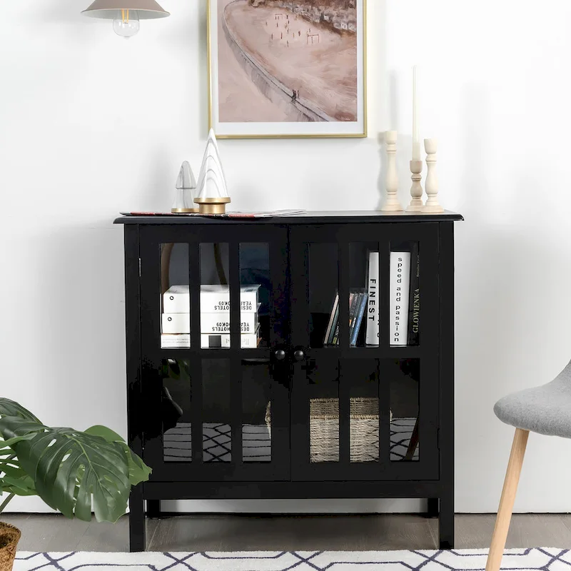 Black/Grey 2-Door Glass Cabinet with Shelf, Sideboard Console