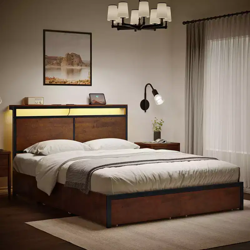 Hausource Modern Bed Frame with LED Headboard, 4 Storage Drawers, No Box Spring Needed