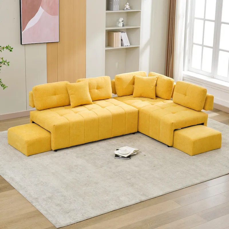 91.73 L-Shaped 4-Seat Sectional Sofa with 2 Hidden Stools, 2 Removable Lumbar Cushions, and Durable Chenille Fabric