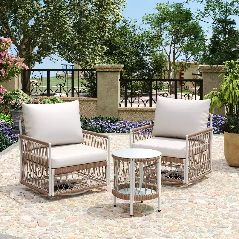 Christopher Knight Home Dolphine Bohemian 3 Piece Patio Handwoven Rope Swivel Seating Set with Glass Top Side Table