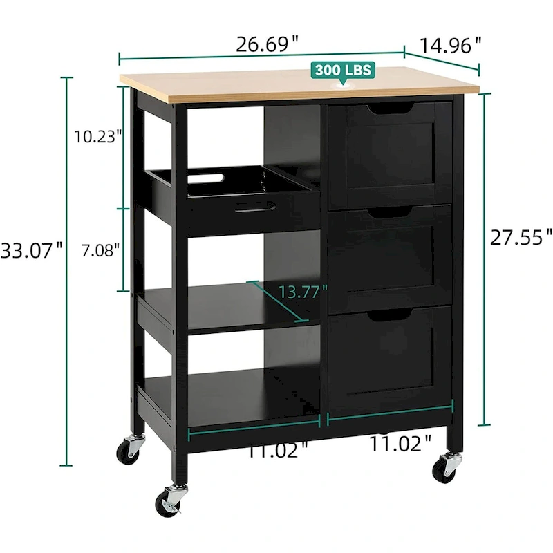 Rolling Kitchen Bar Trolley Serving Cart on Wheels with Wood Top