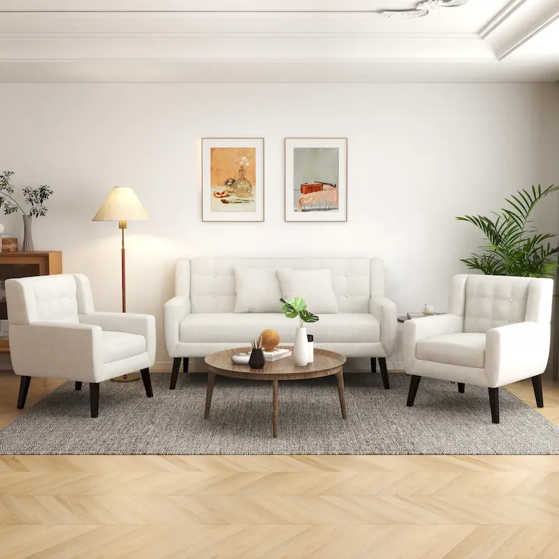 Modern Curved 63 Button Tufted Upholstered Loveseat with 2 Accent Chairs