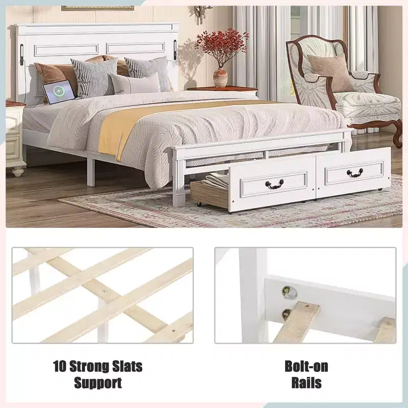 Sailvan Bed with 2 Storage Drawers, Built-in LED Lights, USB Charging Station