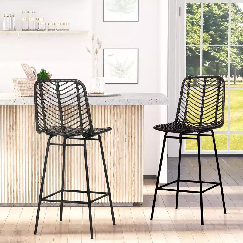 Rattan Counter Height Barstools Set of 2 Steel Frame Footrest 26