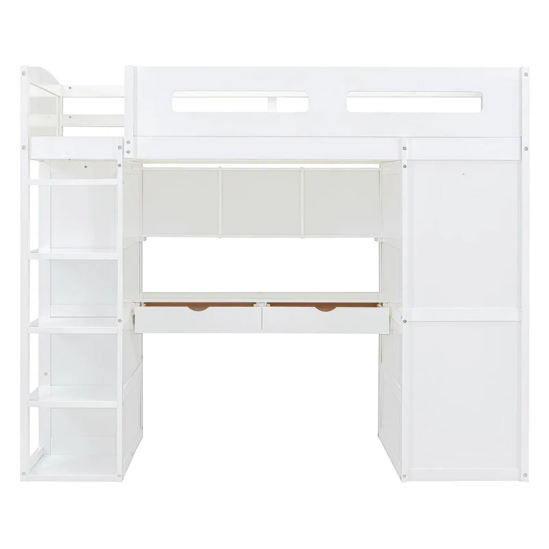 Loft Bed with Desk, Wardrobes, 4 Drawers and 4 Shelves
