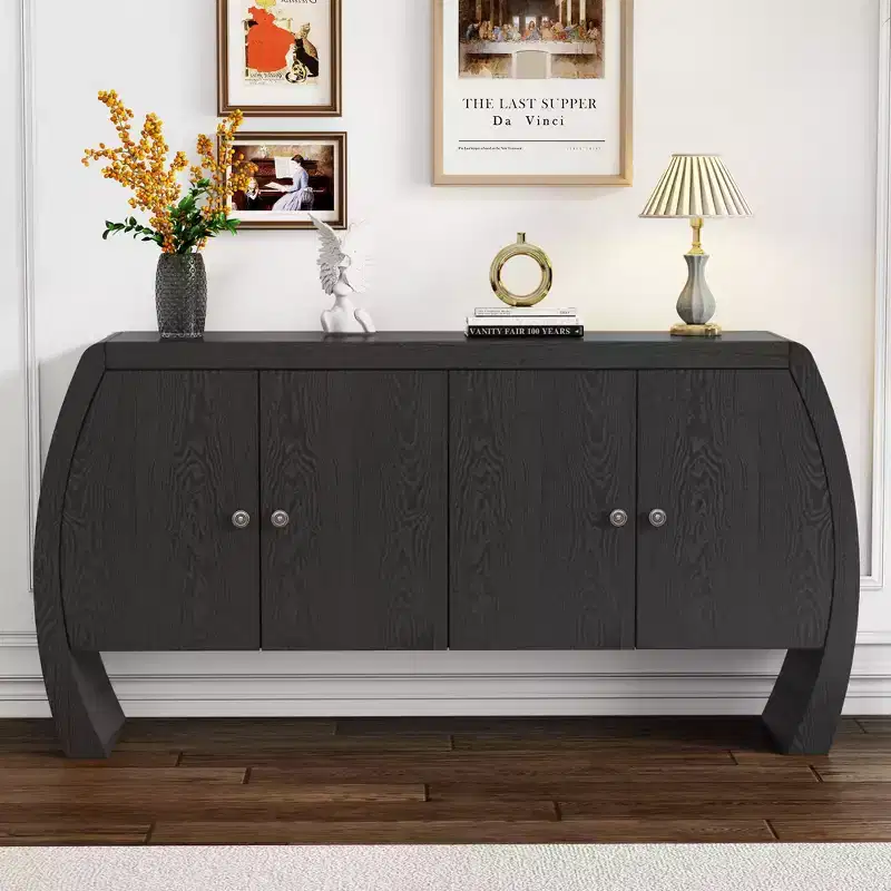 Ash Veneer 4-Door Storage Cabinet with Curved Legs and Adjustable Shelves