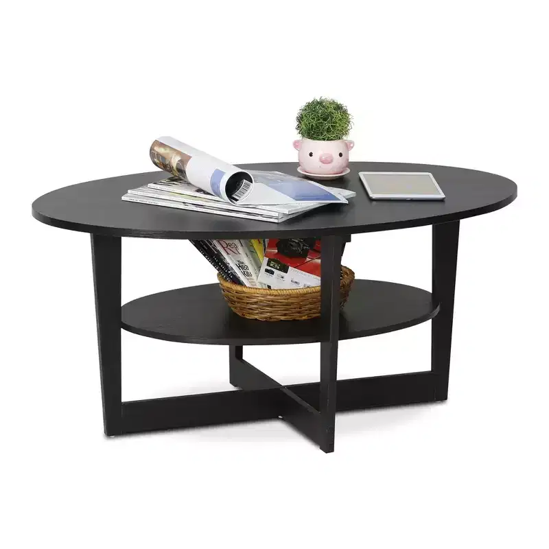 Oval Coffee Table 2-Tier Living Room Center Table with Open Shelf Storage, Wood Finish