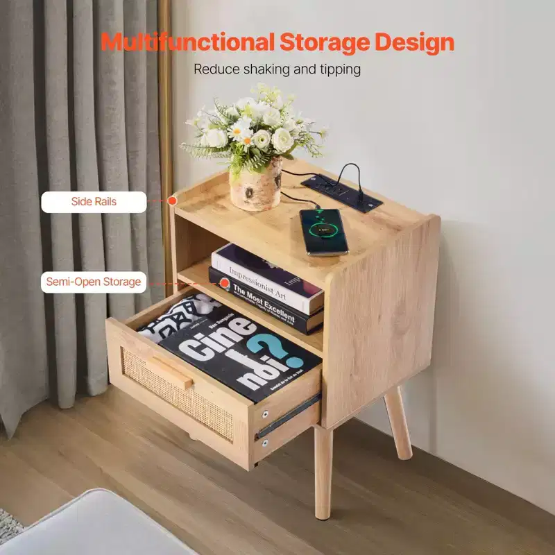Rattan Nightstand End Table with Drawer and Open Shelf Boho Bedside Table