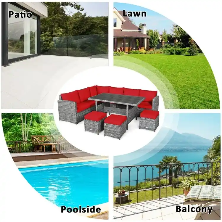 7 Pcs All-Weather Patio Rattan Dining Furniture Sectional Sofa Set with Wicker Ottoman and Cushed Couch