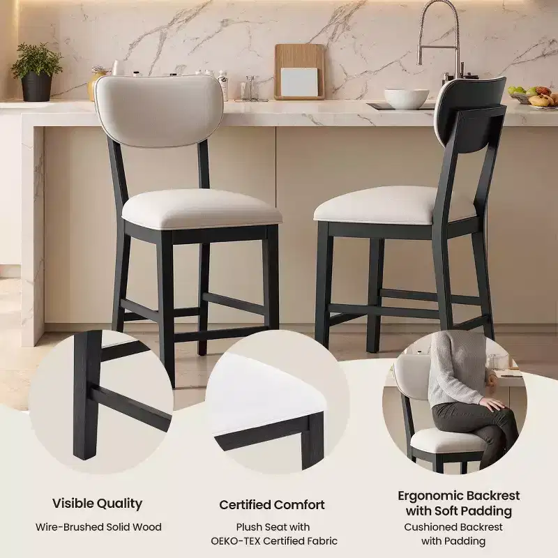 Solid Wood Farmhouse Upholstered Counter Height Bar Stools with Curved Back