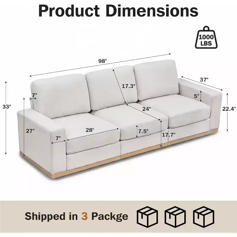 100 Inch 3-Seat Sofa with Wood Frame and Fabric Upholstery