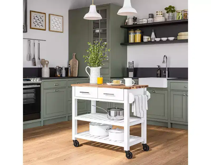 Acacia Wood Top Rolling Kitchen Cart Island Table with Drawers, 38.4 W x 18.5 D, White