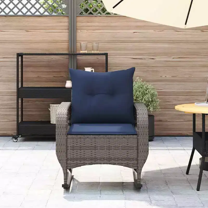 vidaXL Patio Rocking Chair with Cushions Gray Poly Rattan - Gray and Blue