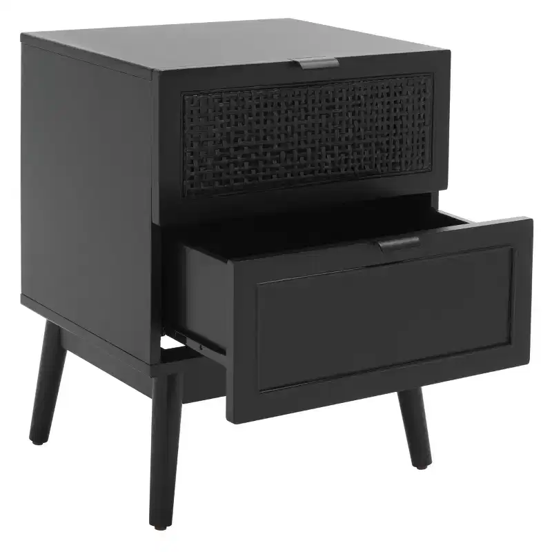 2-Drawer Rattan Nightstand with Splayed Legs, Mid-Century Coastal Bedroom Table