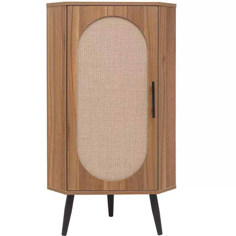 MAYEERTY Walnut Corner Cabinet with Rattan-Door, Freestanding Storage for Living Room Small Spaces
