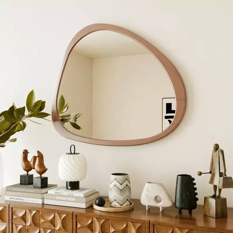 45 Asymmetrical Solid Pine Wood Wall Mirror, Large Modern Organic Pond Shape Decorative Mirror for Living Room - Panipeachy