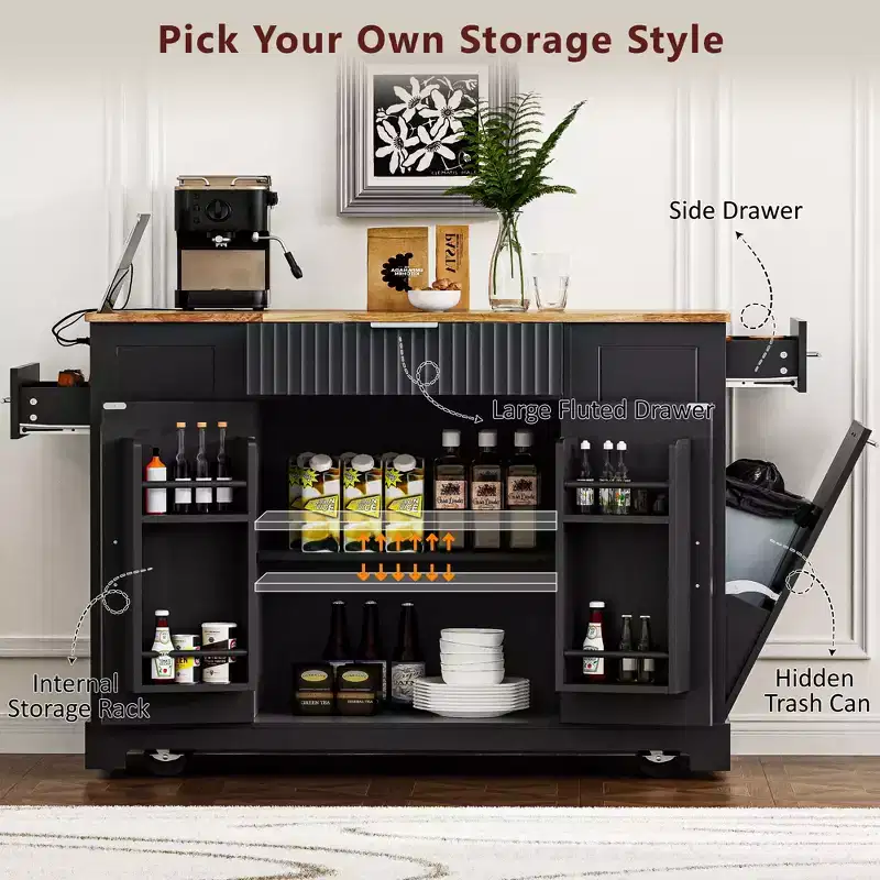Whisen Classic Style Kitchen Islands on 5 Wheels with 3 Drawer and 3 Open Side Racks