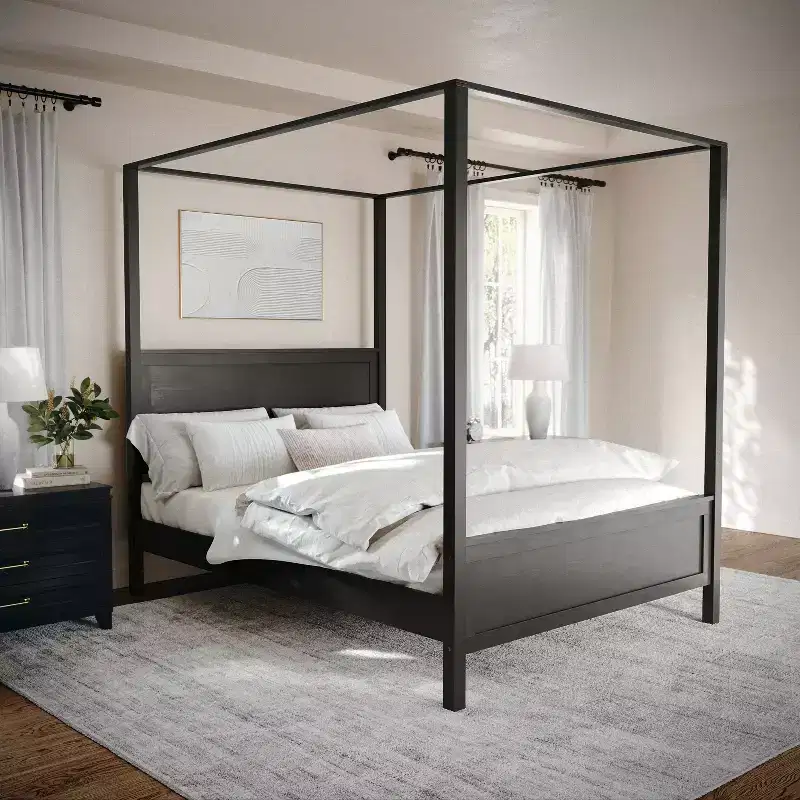 Queen Size Solid Wood Canopy Platform Bed with Wood Headboard and Footboard, No Box Spring Needed, Dark Gray