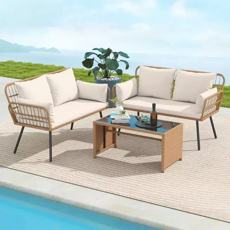 Costway Patio Wicker Loveseat Furniture with Seat Back Cushions, Heavy-Duty Metal Legs Off-White/Black