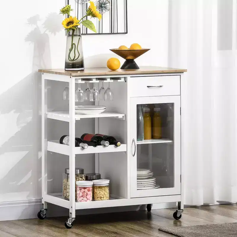 FAMYYT White Bamboo Wood Top 19 in. Kitchen Island with 4-bottle Wine Rack, Bar Cart with Stemware Holder, Drawer and Cabinet