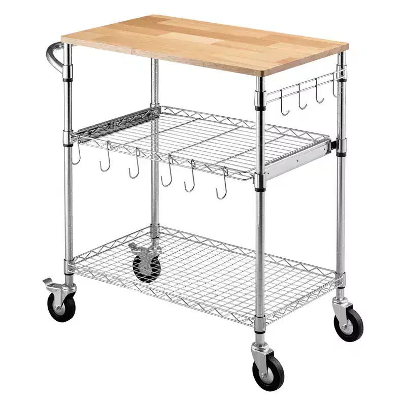 Kitchen Utility Cart, 3 Tier Heavy Duty Adjustable Wire Storage Rack with Wood Tabletop and Handle Bar, Silver