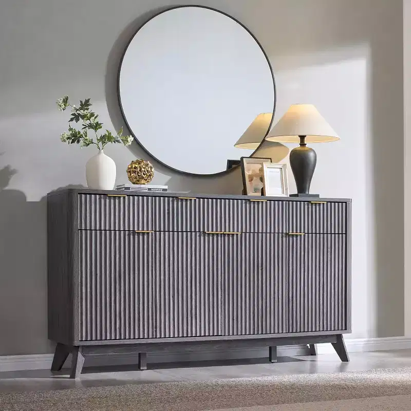 60 Buffet Sideboard Cabinet, Fluted Coffee Bar Table with 3 Drawers & 4 Doors, Modern Sideboard for Dining Room, Living Room