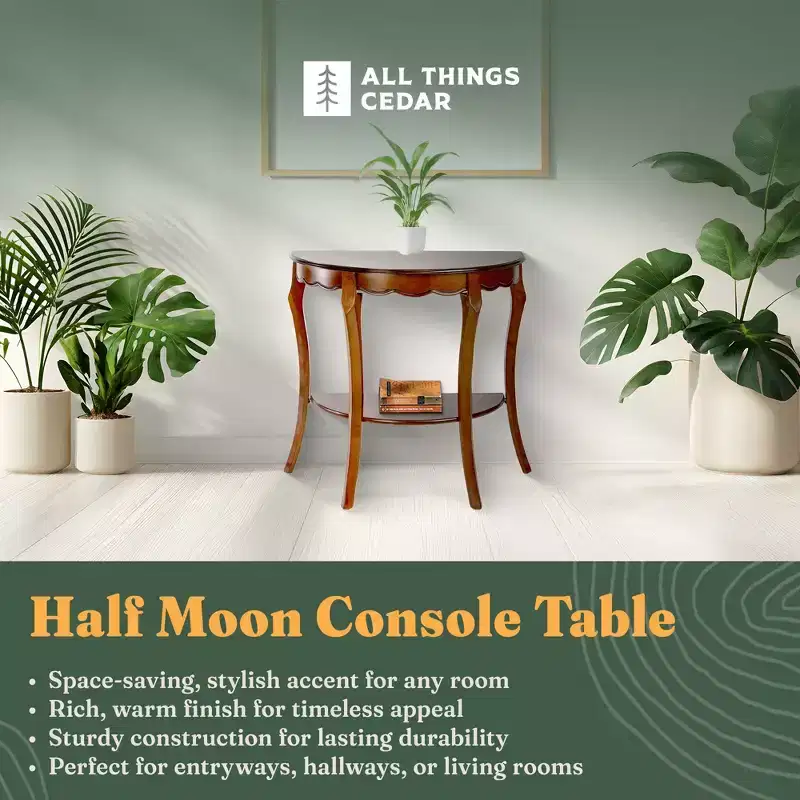 All Things Cedar Wooden Half Moon Console Table with Lower Storage Shelf for Living Room and Entryway Accent Furniture, Classic Accents, Cherry