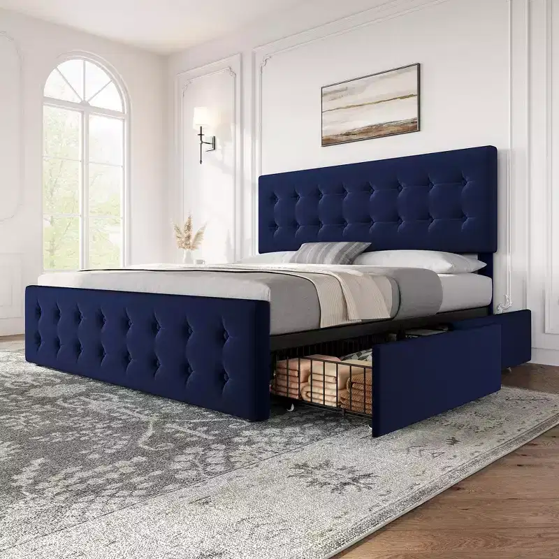 Queen-size bed frame with 4 storage drawers, velvet upholstered headboard, slatted wooden support, button tufting, no spring mattress required.