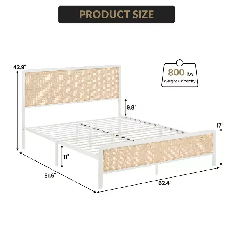 Rattan Platform Bed Frame with Headboard, Modern Cane Boho Bed Frame with Sturdy Steel Slat Support, No Box Spring Needed