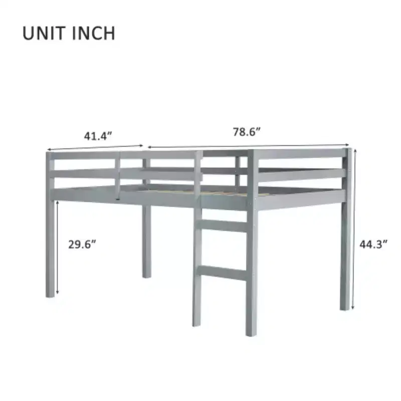 Twin High Loft Bed with Integrated Desk & Safety Guardrail, Solid Rubberwood, Grey