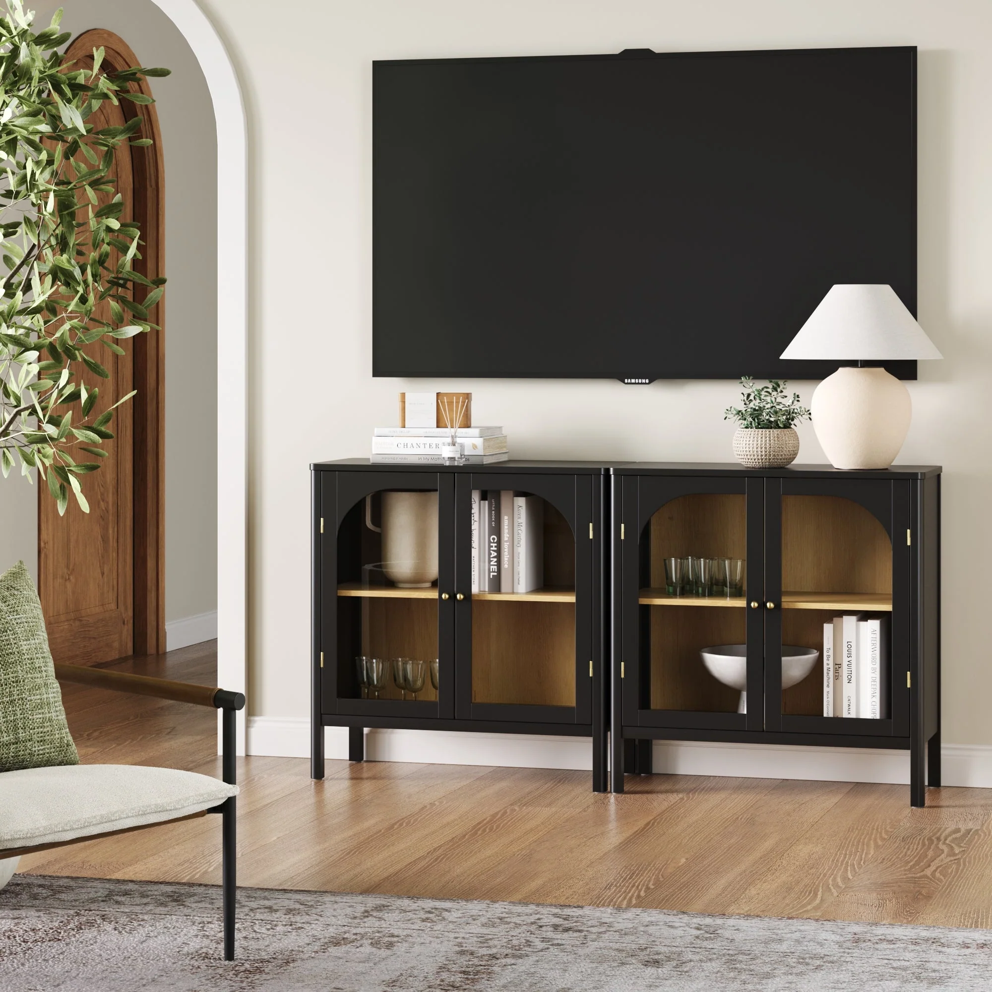 Arched Glass Door TV Console for TVs up to 65 Black