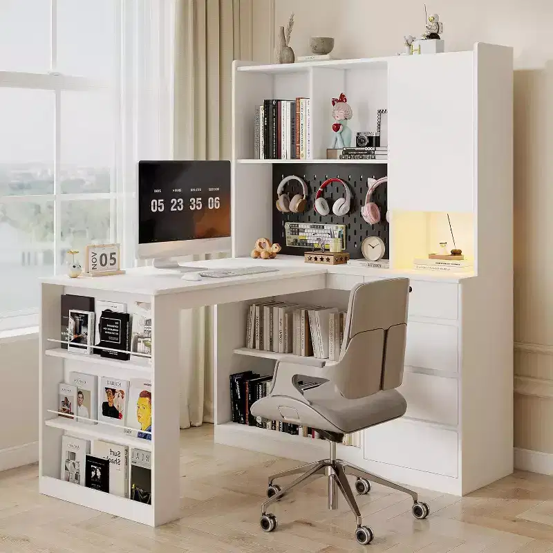 L-Shaped Corner Computer Desk with Charging Station, LED Lights, Drawers & Bookshelf, White