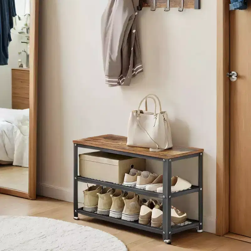 Industrial Chic 3-Tier Shoe Rack Bench with Metal Mesh Shelves - Stylish Entryway Organization and Seating