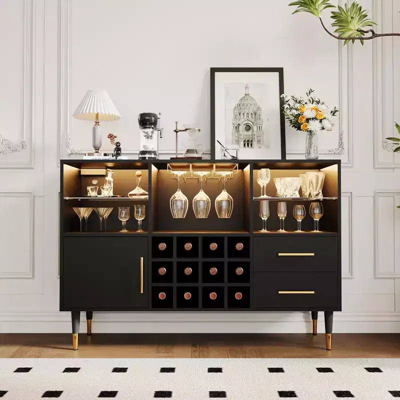 47 Farmhouse Coffee Bar Cabinet, Freestanding Wine Bar Cabinet with Wine Rack, Wooden Sideboard Buffet Cabinet, Modern Liquor Cabinet