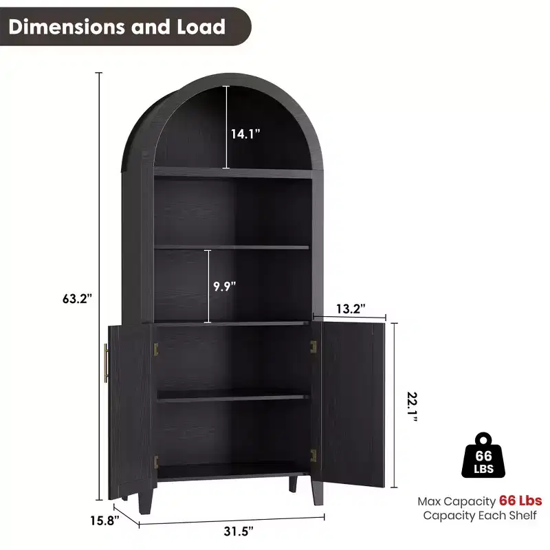 Arched Cabinet Bookshelf Black Arch Bookcase with Doors, Wooden Curved Book Case 5-Tier Tall Round Top Bookshelves for Living Room