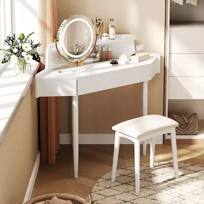 Okak Elegent Corner Vanity with Padding Stool, Makeup Vanity with Ample Storage, Space-Saving Compact Vanity for Bedroom, White