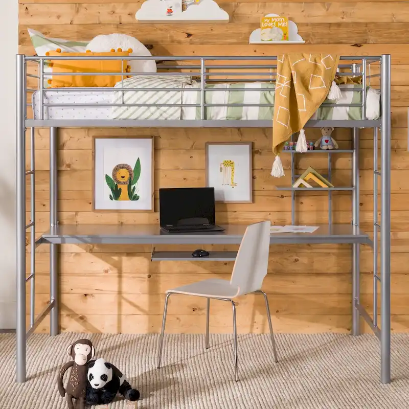 Twin Metal Loft Bed with Built-in Desk, Silver Finish, Space-Saving Design for Teens