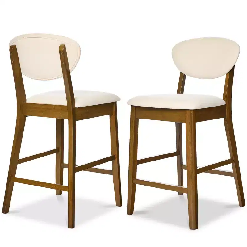 2-Piece Mid-Century Modern Wood and Upholstered Counter Height Bar Stool Set