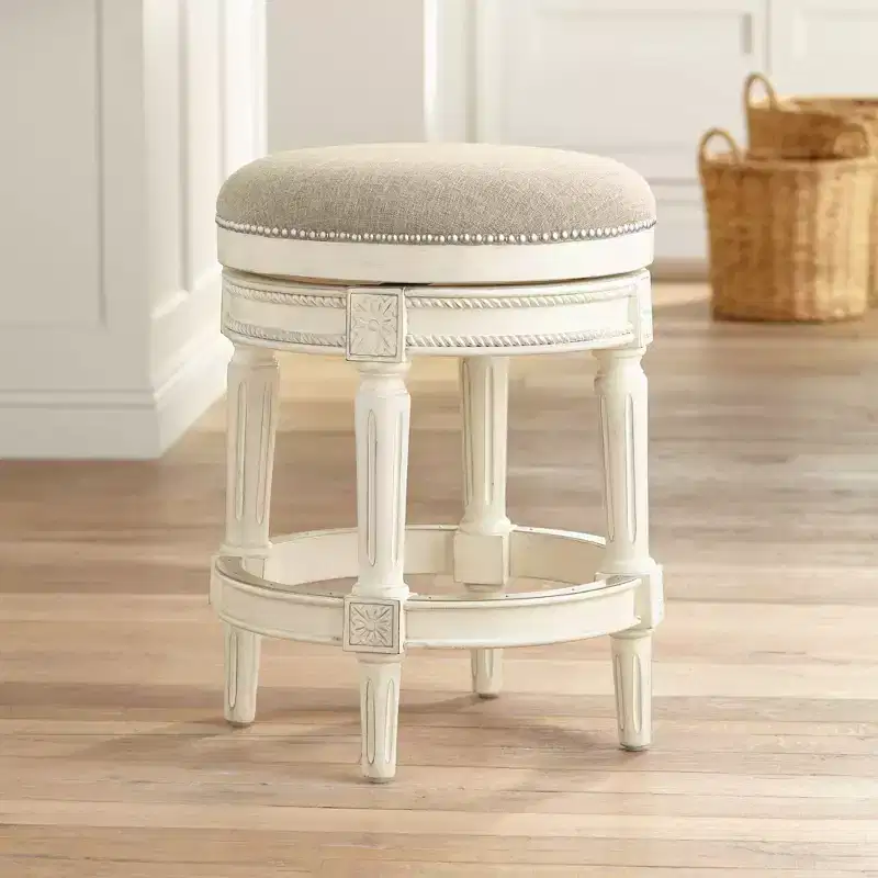 55 Downing Street Oliver Wood Swivel Bar Stool Distressed White 24 1/2 High Traditional Cream Round Cushion with Footrest for Kitchen Counter Island