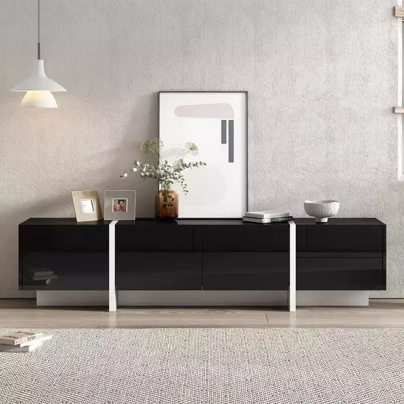 JVNOXK Modern Minimalist Black and White Rectangular TV Stand, a uniquely designed TV cabinet suitable for TVs under 80 inches, perfect living rooms