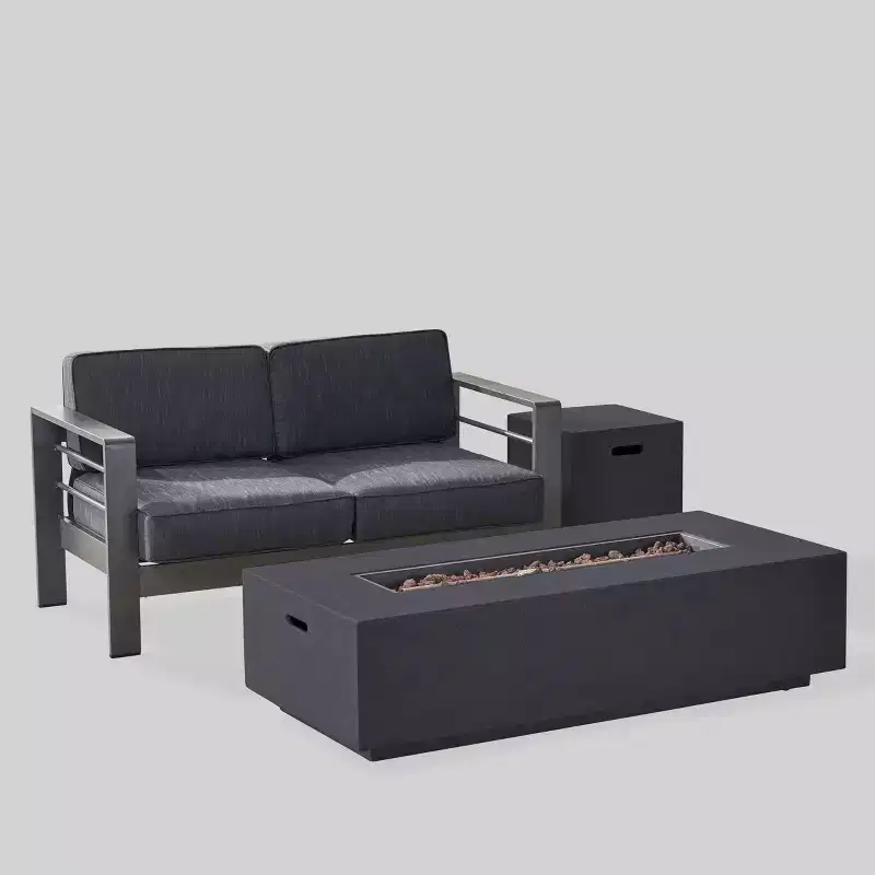 Cape Coral 3pc Aluminum and Rectangular MGO Fire Table Set - Gray - Christopher Knight Home: Outdoor Chat Set with Propane Firepit