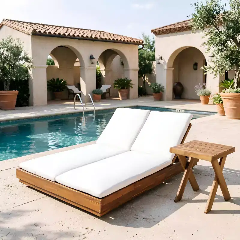 Christopher Knight Home Noemi Patio Acacia Wood Adjustable Backrest Double Sunlounge with Slatted Side Table