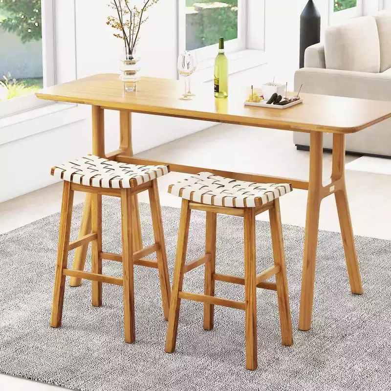 Costway Woven Saddle Stools Set of 2 31'' Faux PU Leather Bar Height Kitchen Stool Black/Beige