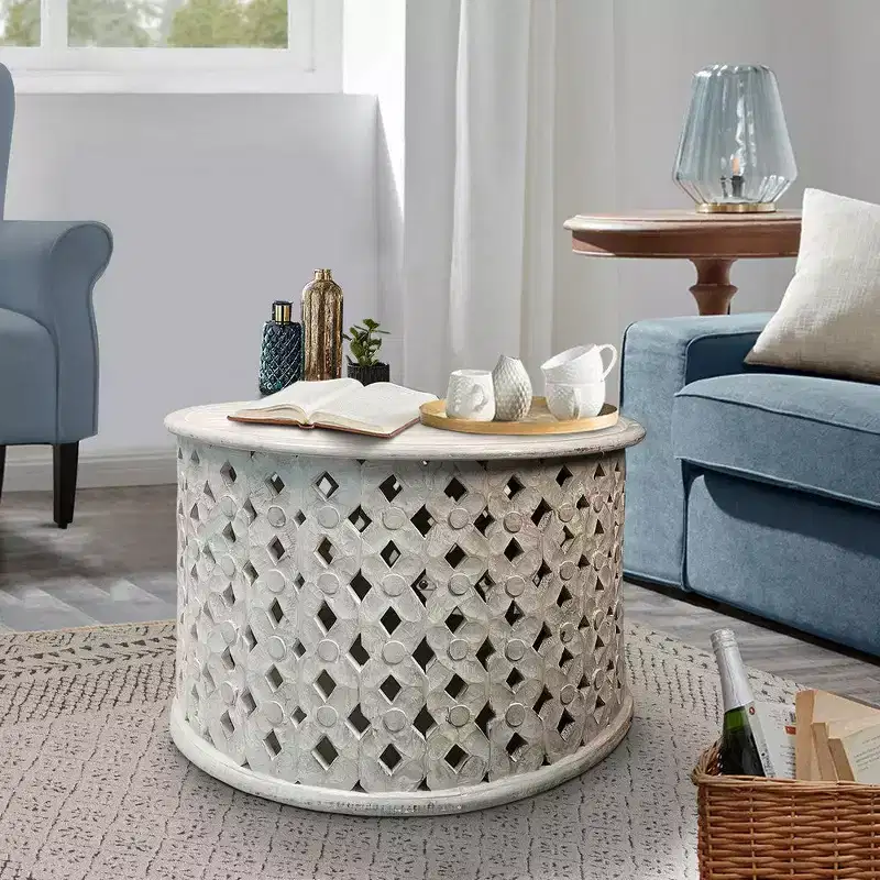 Royal Hampton 28 Artisanal Round Mango Wood Coffee Table, Intricate Diamond Lattice Cut Out Frame